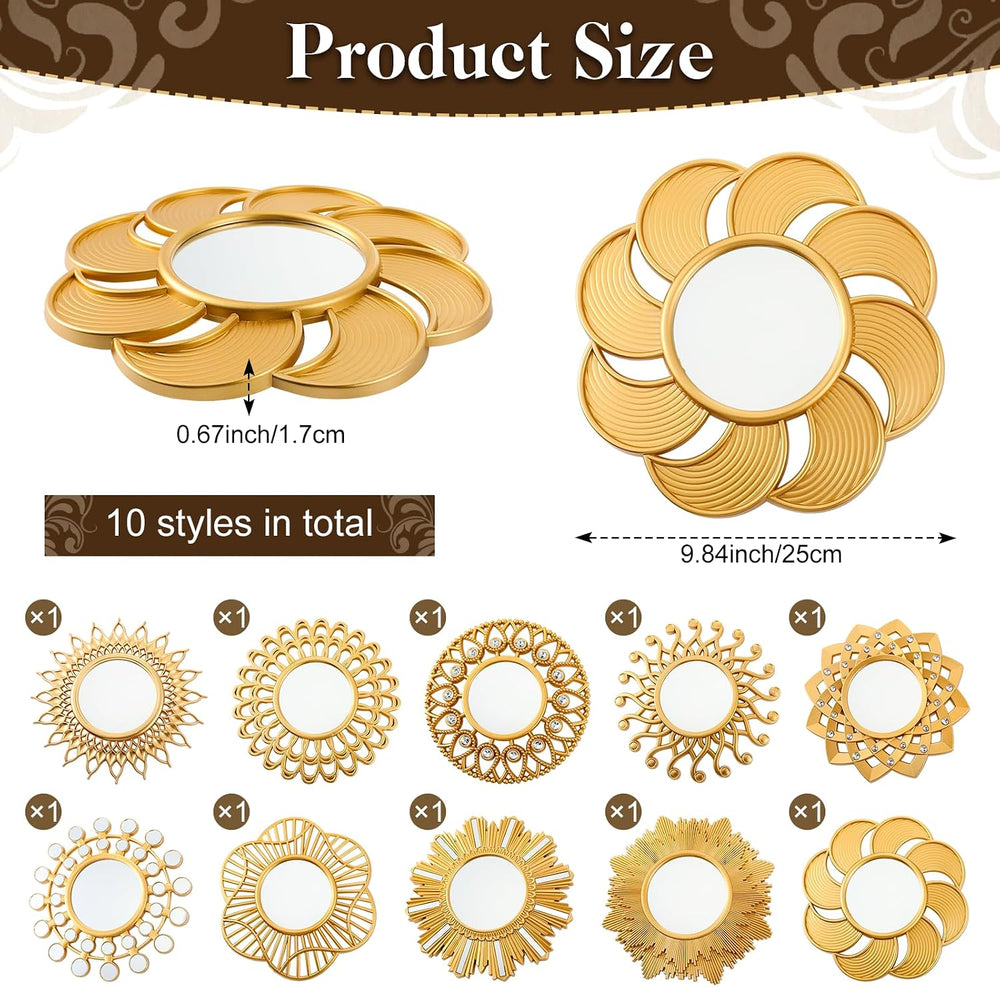 Barydat 10 Pcs Boho Gold Sun Mirrors for Wall Decor 10 Inches Plastic Decorat...