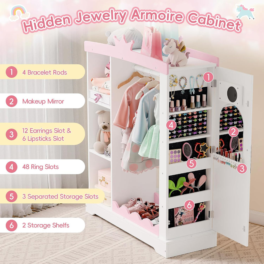 Xilingol Kids Armoire with Jewelry Cabinet, Dress up Storage with Mirror and Shelves, Princess Dress Closet and Costumes Wardrobe Closet, Costume Organizer for Bedroom, Kids Room, Girls (White)