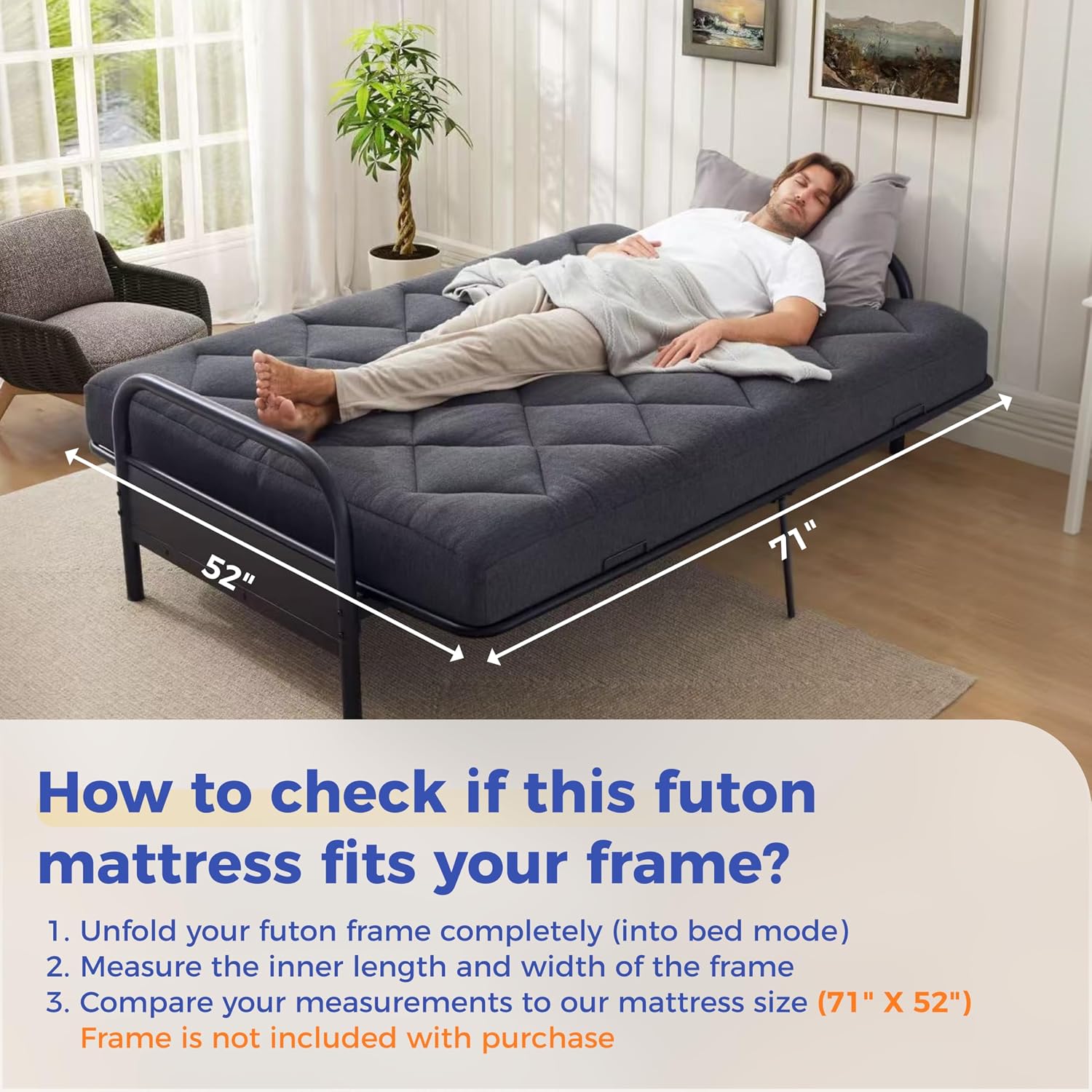 Jamdok 6" Full Size Pillow Top Futon Mattress Replacement(Frame Not Included), Gel Memory Foam, Removable Cover(71X52X6)