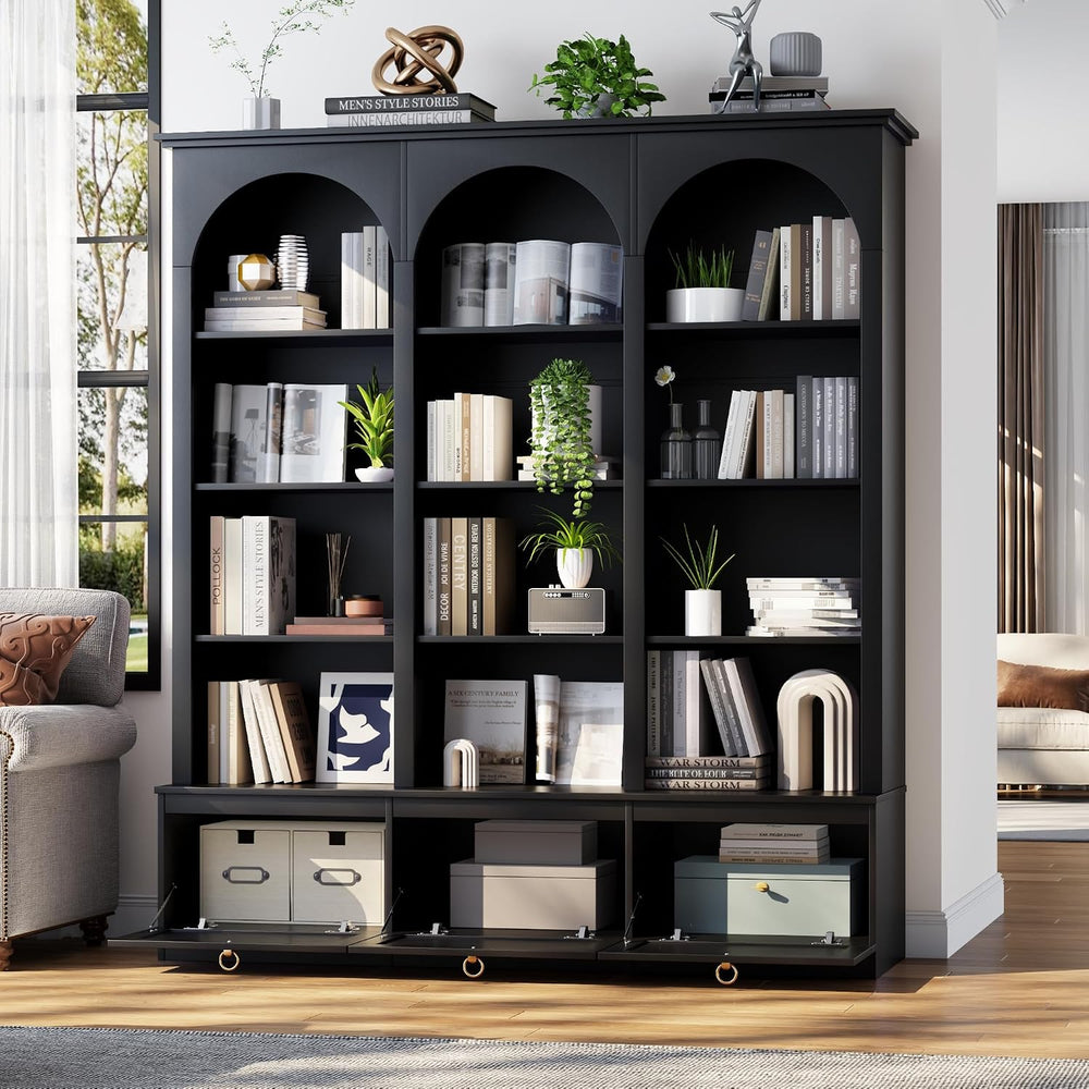 71" Tall Triple Wide Bookshelf with Doors, 5-Tier Large Arched Bookcase