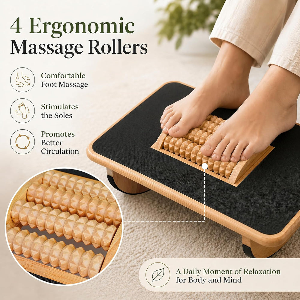 Foldable Under Desk Foot Rest, Wooden Rocking Footrest with 4 Massage Rollers...