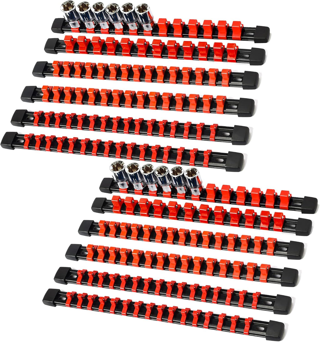 Socket Organizer Drive ABS Tools - Red Socket Holder, Premium Quality 12 Pieces Socket Holders Kit 1/4-Inch x 64 Clips, 3/8-Inch x 60 Clips, 1/2-Inch x 48 Clips（12PC,Red)