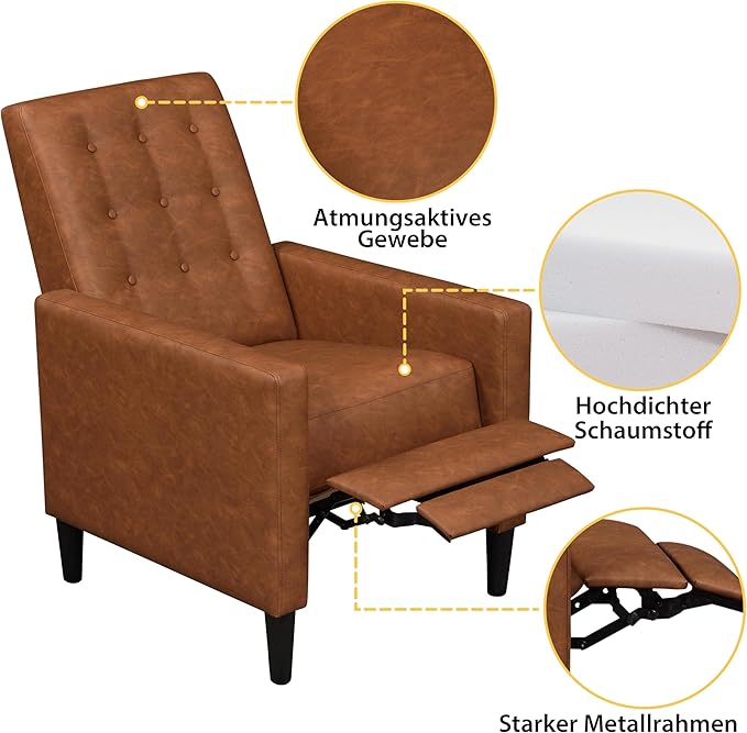 Yaheetech Faux Leather Recliner Sofa Mid-Century Modern Single Reclining Chair Adjustable Back & Footrest Tufted Upholstered Sofa with Pocket Spring Living Room Bedroom Home Theater Brown