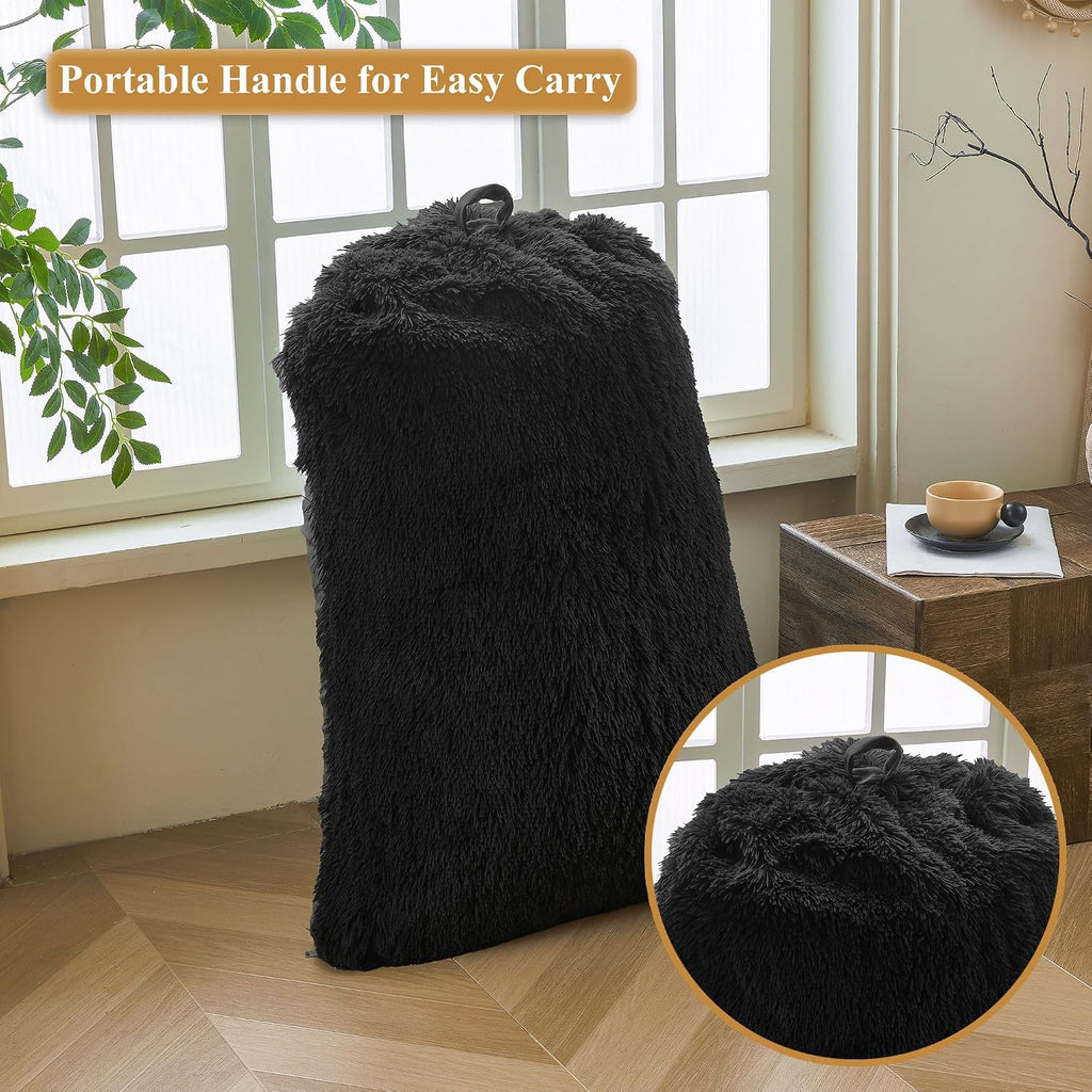 XeGe Fluffy Kids Stuffed Animal Storage Bean Bag Cover (No Filler), Plush Fuzzy Faux Fur Beanbag Organizer with Handle for Teens Girls Adults, Shaggy Furry Plush Toys Holder Floor Lounger Chair, Black