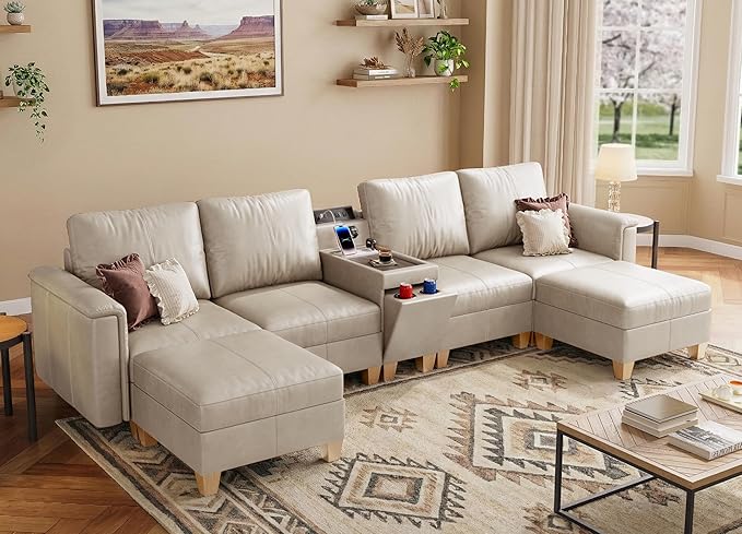 SITJOY 132" Faux Leather Modular Sectional Sofa with Storage, Mid Century Modern Sectional Couches for Living Room, 6 Seat U Shaped Couch with Ottoman and Console Table, Hidden Cupholders, Greige