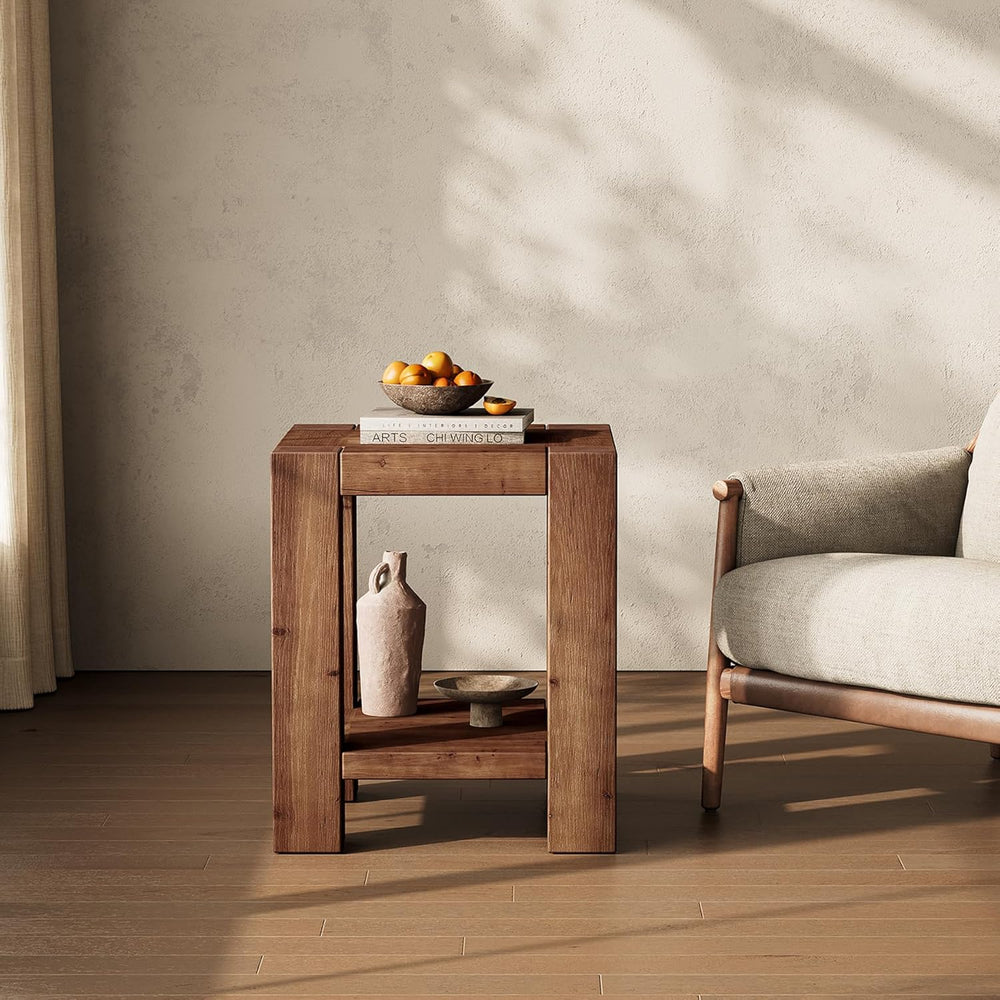 Solid Wood Side Table Set of 2, Farmhouse 2-Tier End Tables with Storage Shel...