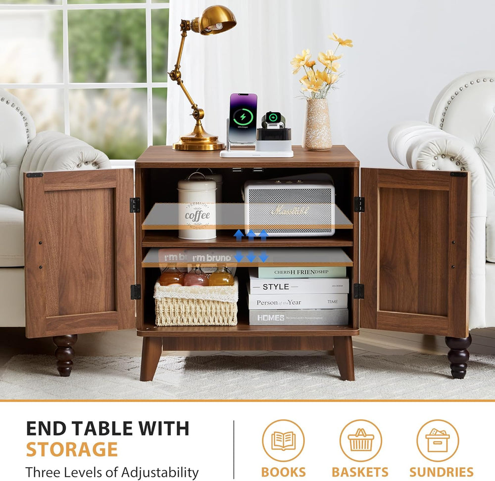 Fluted End Table with Charging Station, 2 Door Side Table with Storage, Mid C...