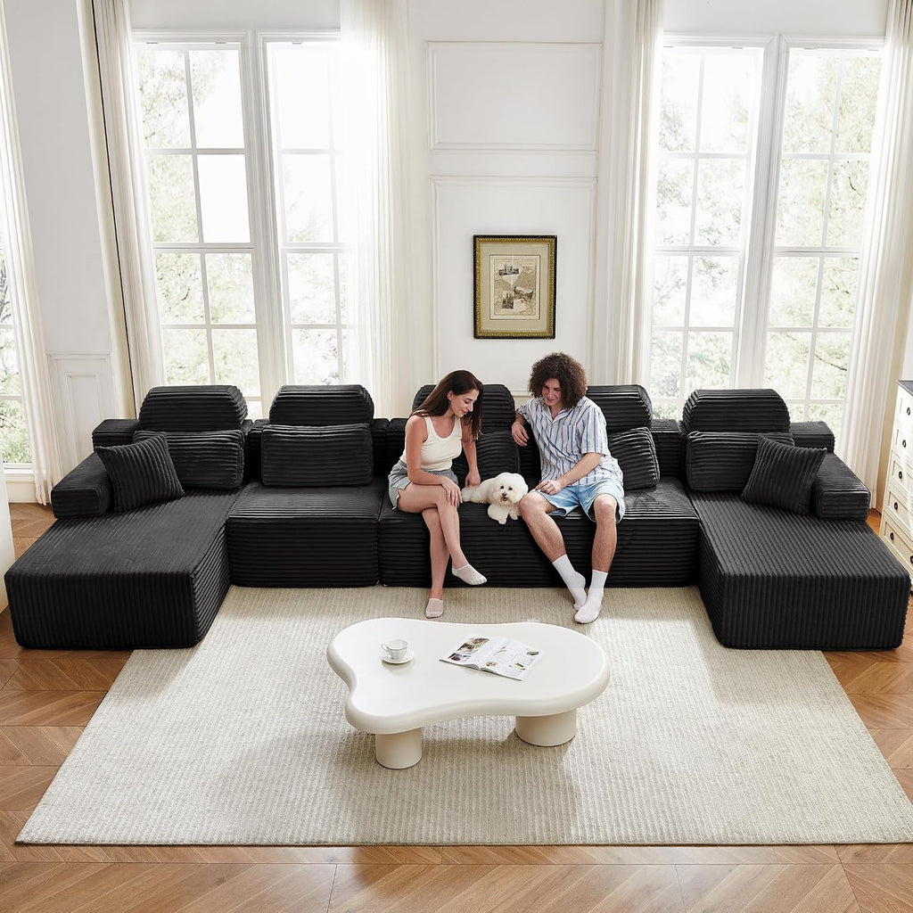 171" U-Shaped Cloud Modular Sectional Sofa with Chaise & Headrest, Boneless Deep Seat Plush Corduroy Couches for Large Living Room, No Assembly Required (Black, 171" U-shapred Chaise)