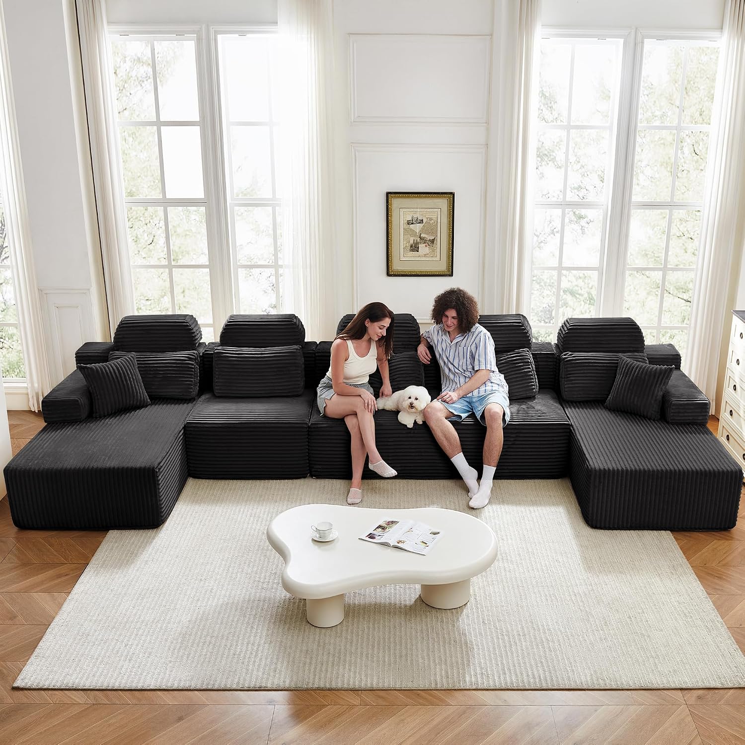 171" U-Shaped Cloud Modular Sectional Sofa with Chaise & Headrest, Boneless Deep Seat Plush Corduroy Couches for Large Living Room, No Assembly Required (Black, 171" U-shapred Chaise)