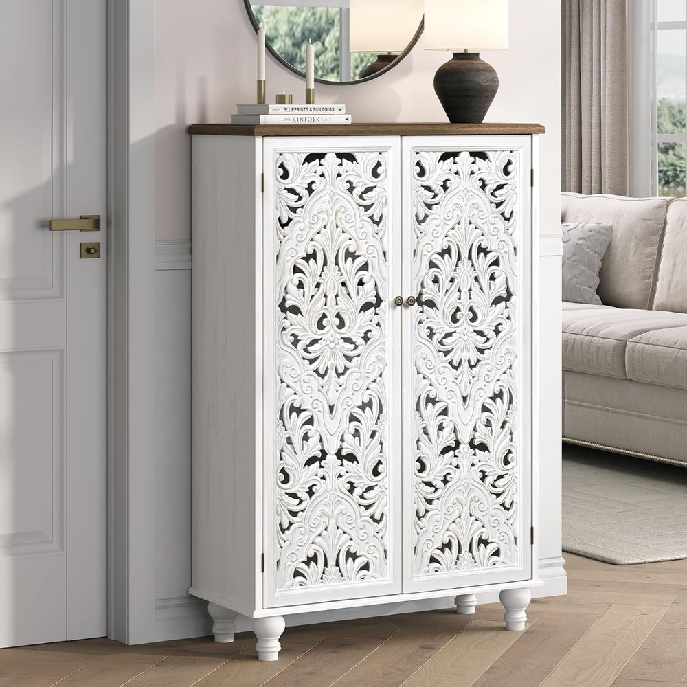 JOINICE 47" Tall Accent Cabinet with Carved Doors & Storage for Livi...