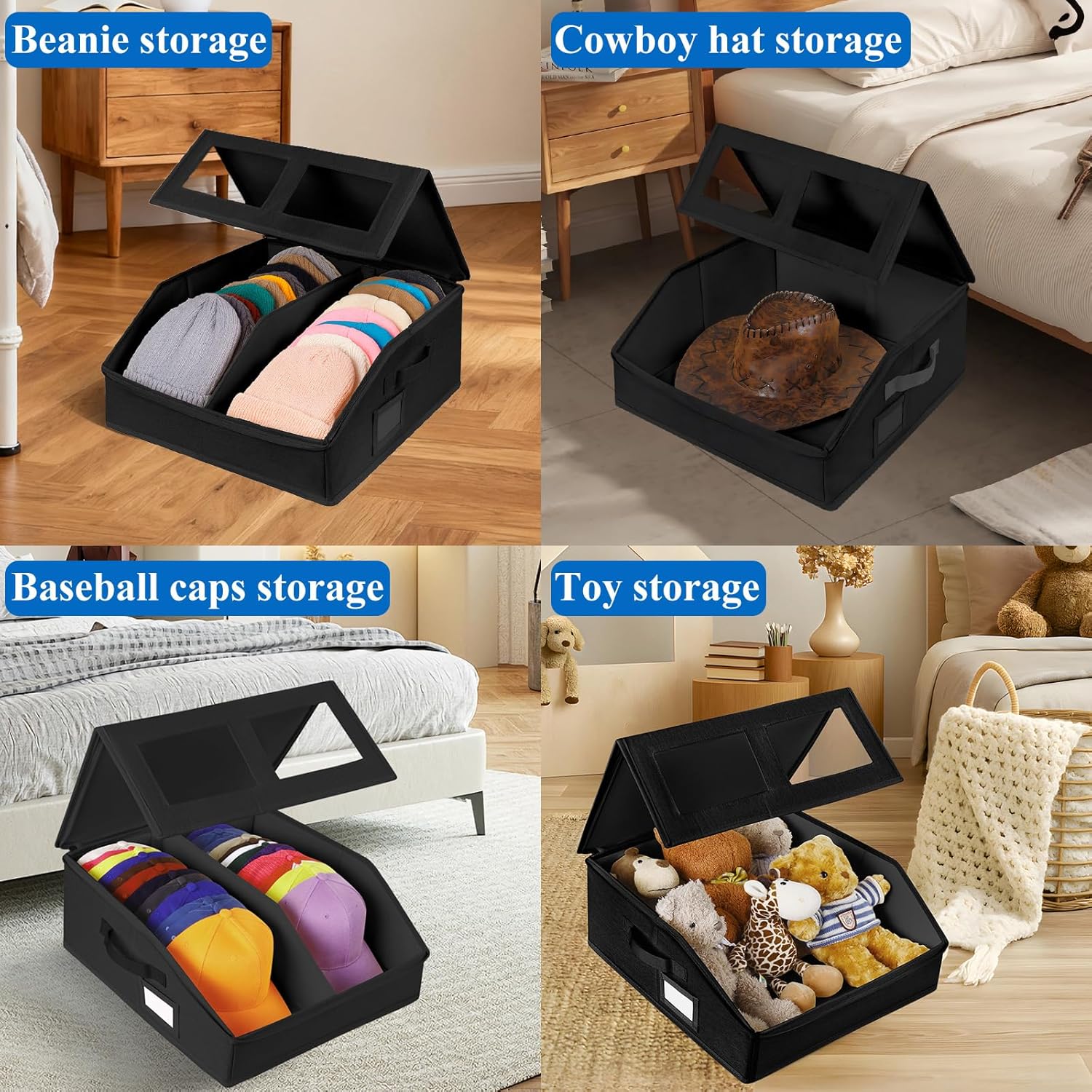 Hat Storage for Baseball Caps-Holds Up to 24 Caps, Hat Organizer for Closet Stackable Hat Box with Cardboard, Dustproof Baseball Cap Organizer with 2 Handles for Home Travel (Black, 1 Pack)