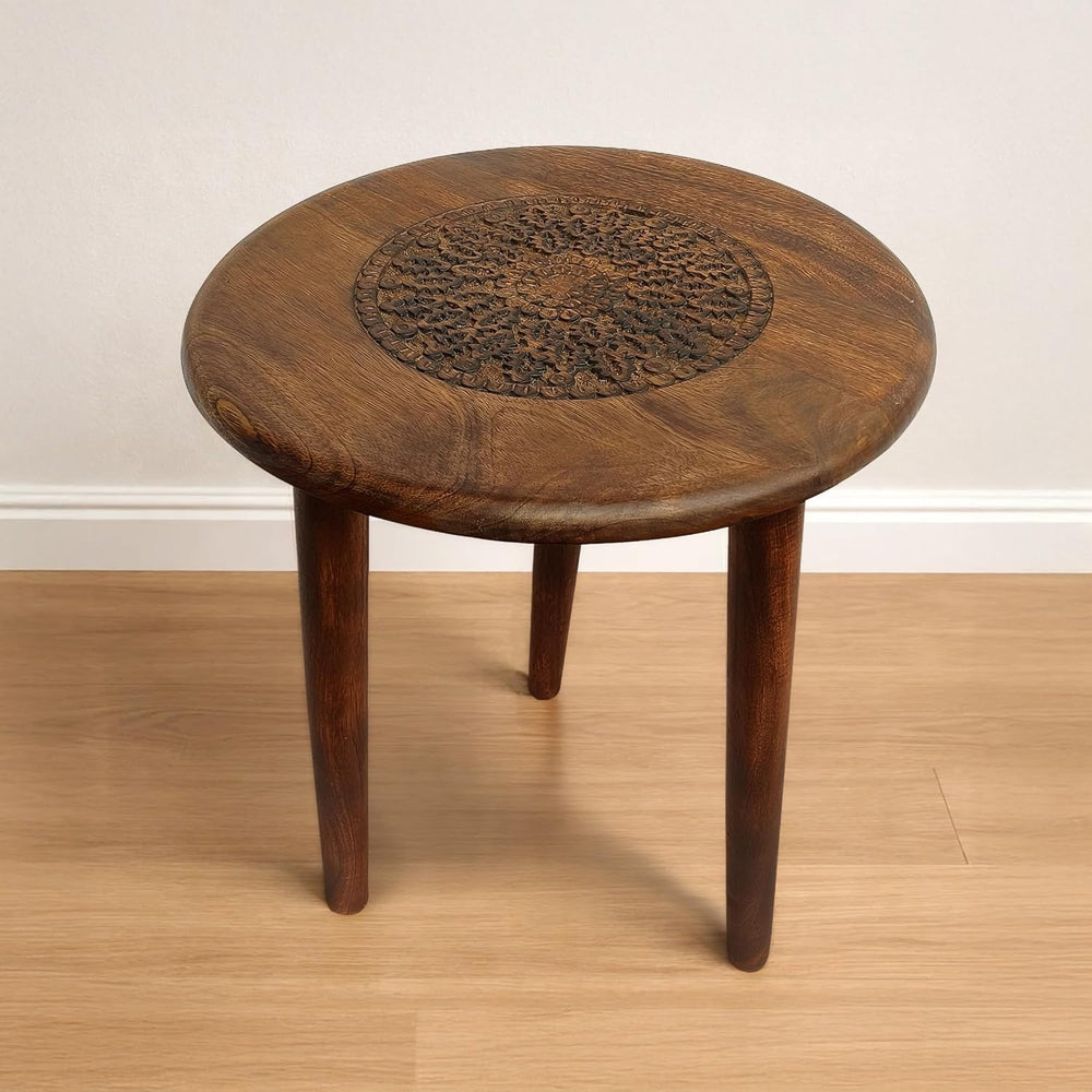 TUP THE URBAN PORT AMA 22 Inch Side End Table, Round Top, Indian Mandala Flor...