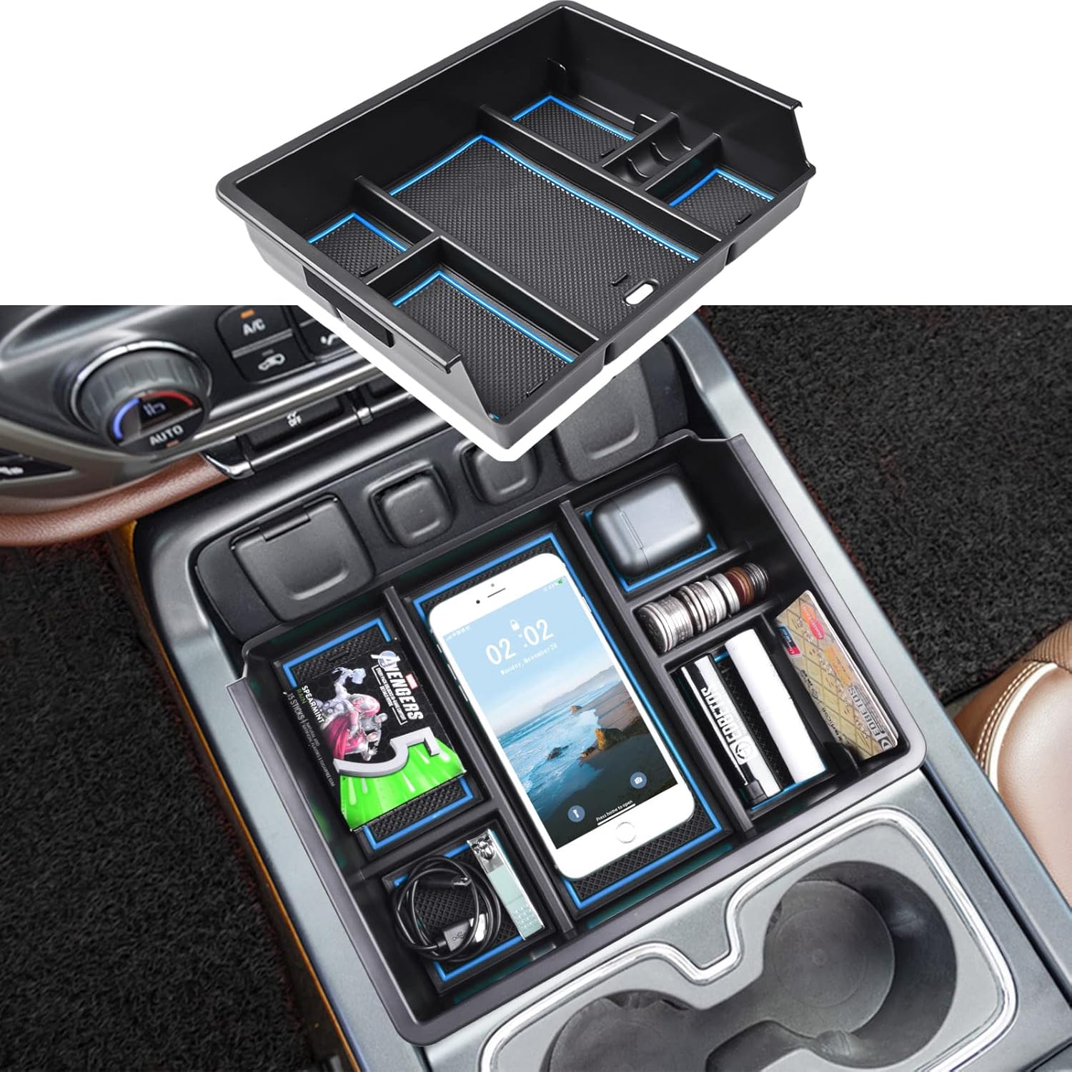 Center Console Organizer Tray Compatible with Chevy Silverado/GMC Sierra 1500/2500/3500HD 2014-2018,15-19 Silverado/Sierra 2500HD/3500HD Accessories Compartment,Full Console w/Bucket Seats ONLY,Blue