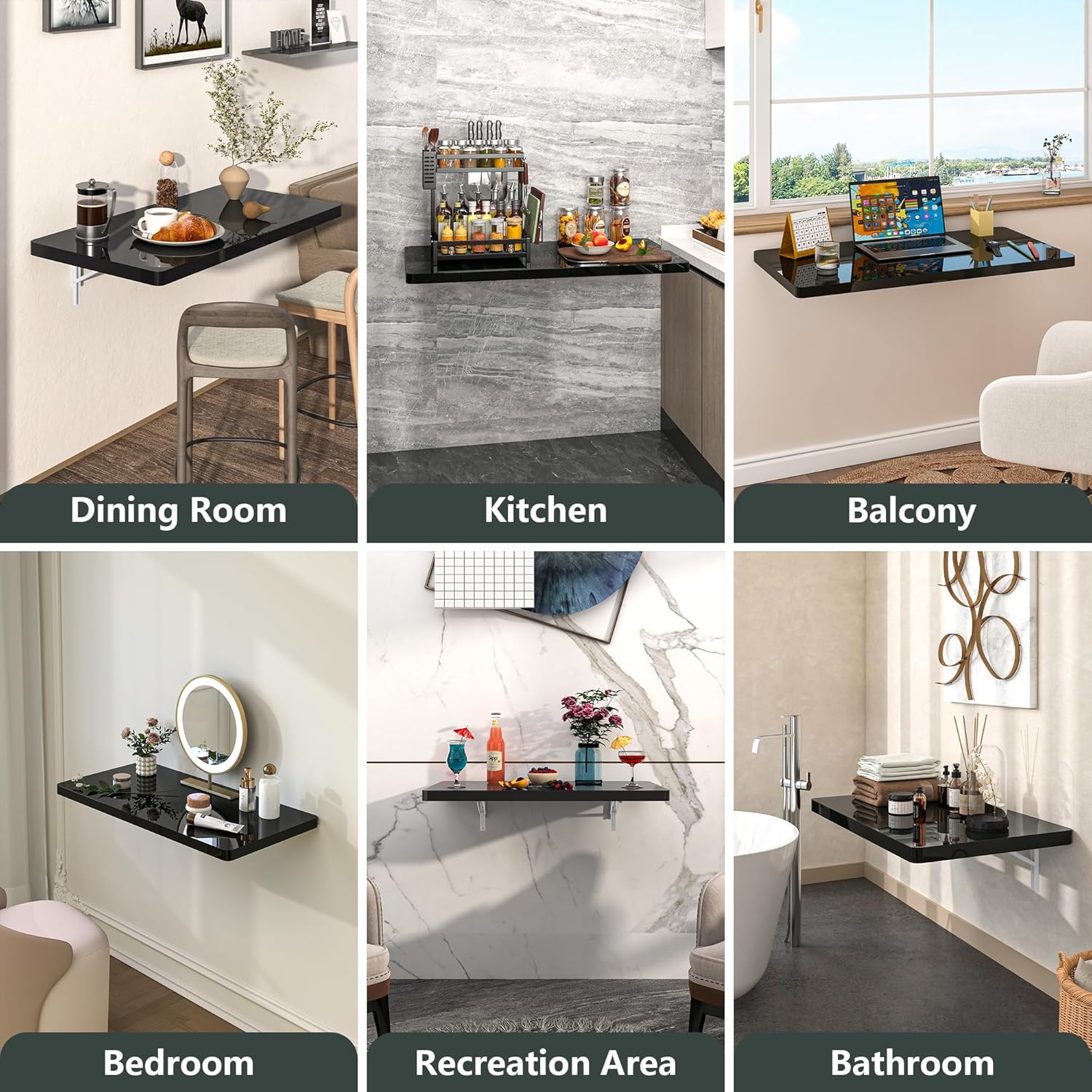 Clikuutory Wall Mounted High Gloss Folding Table, Wall Desk Fold Down for Small Spaces, Folding Workbench for Laundry Room, Home Office, Kitchen, Bedroom, Home Bar, Black(31.5"×15.7")