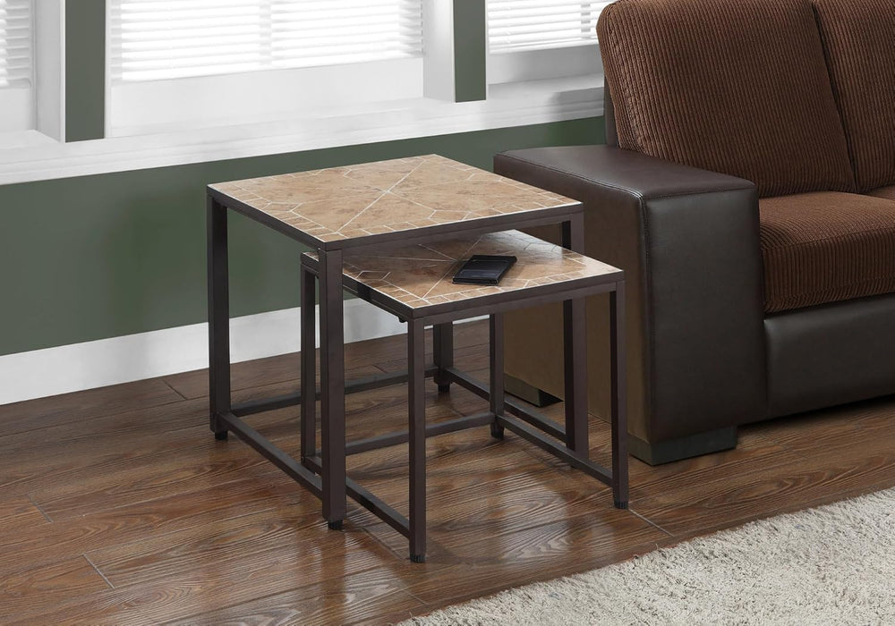Set of 2 Nesting Tables, Metal, Brown, Transitional Style | Dual-size nesting...