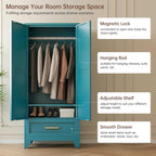 71" Tall Metal Wardrobe Cabinet with Drawer and Hanging Rod, 2 Doors Armoire Wardrobe Closet with Shelf for Bedroom, Office, Laundry Room, Blue