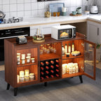 Wine Bar Cabinet with Led Light, Home Coffee Cabinet with Wine & Glass Rack | Kitchen Buffet Sideboard with Storage Shelves, Freestanding Liquor Cabinet for Living Room, Dining Room (Walnut)