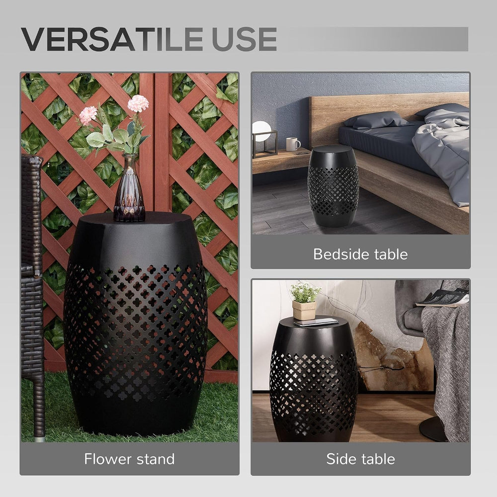 Black Steel 12.5in Round Patio Side Table 18in Tall, Hollow Drum Structure, 2...