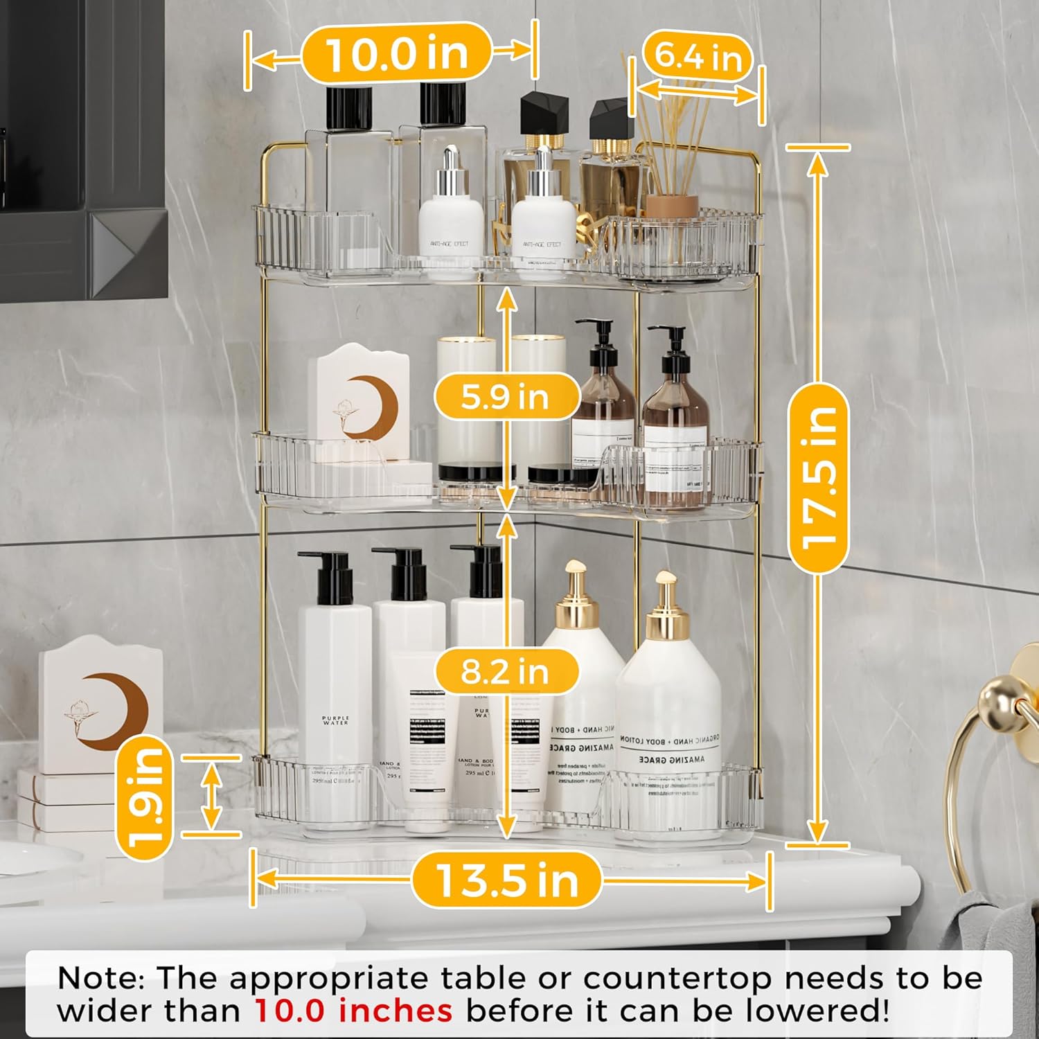 YCIA&DONE Corner Bathroom Counter Organizer, Makeup Organizer for Vanity, Skincare Cosmetic Perfume Tray, Corner Countertop Shelf Rack Storage for Bathroom Kitchen 3 Tiers (Clear White)