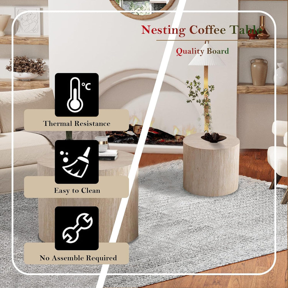 Travertine Nesting Tables - Natural Stone Grain Texture (B 18.1+14.6in) | Cir...