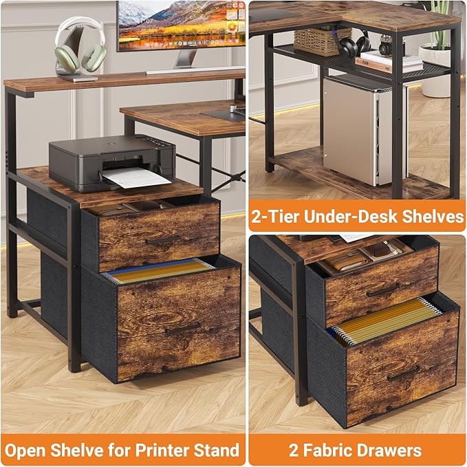Aheaplus L Shaped Desk with File Drawer, Reversible L Shaped Computer Desk Gaming Desk with Power Outlet & LED Strip, Home Office Desk Corner Desk with Monitor Shelf, Storage Shelves, Rustic Brown