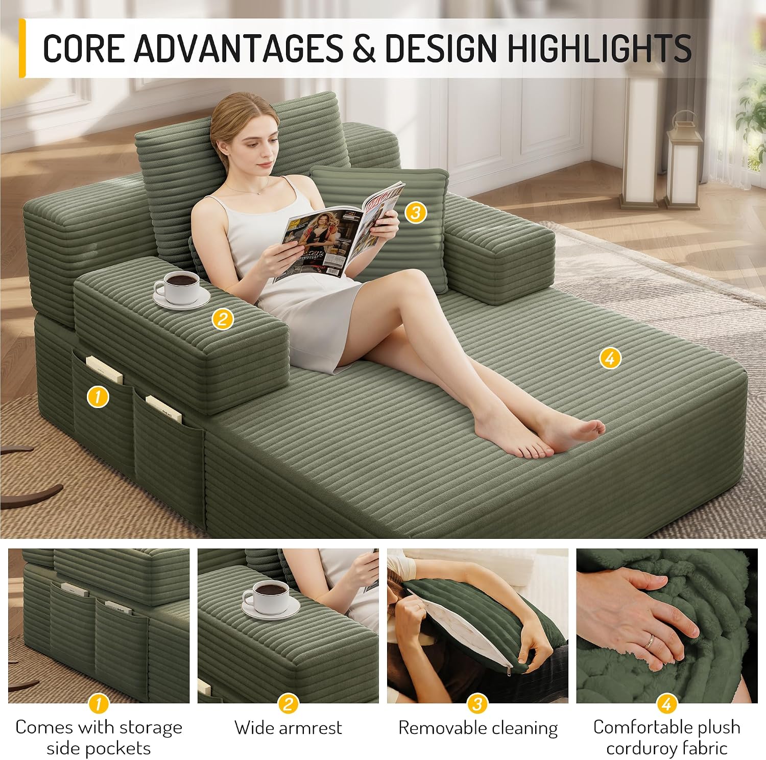 2-in-1 Convertible Chaise Lounge Indoor, 60.2" Corduroy Upholstered Chaise Lounge Chair that Converts to Sleeper Bed,Compressed Sofa with Side Storage Pockets and 3 Pillows for Bedroom Apartment Dorm
