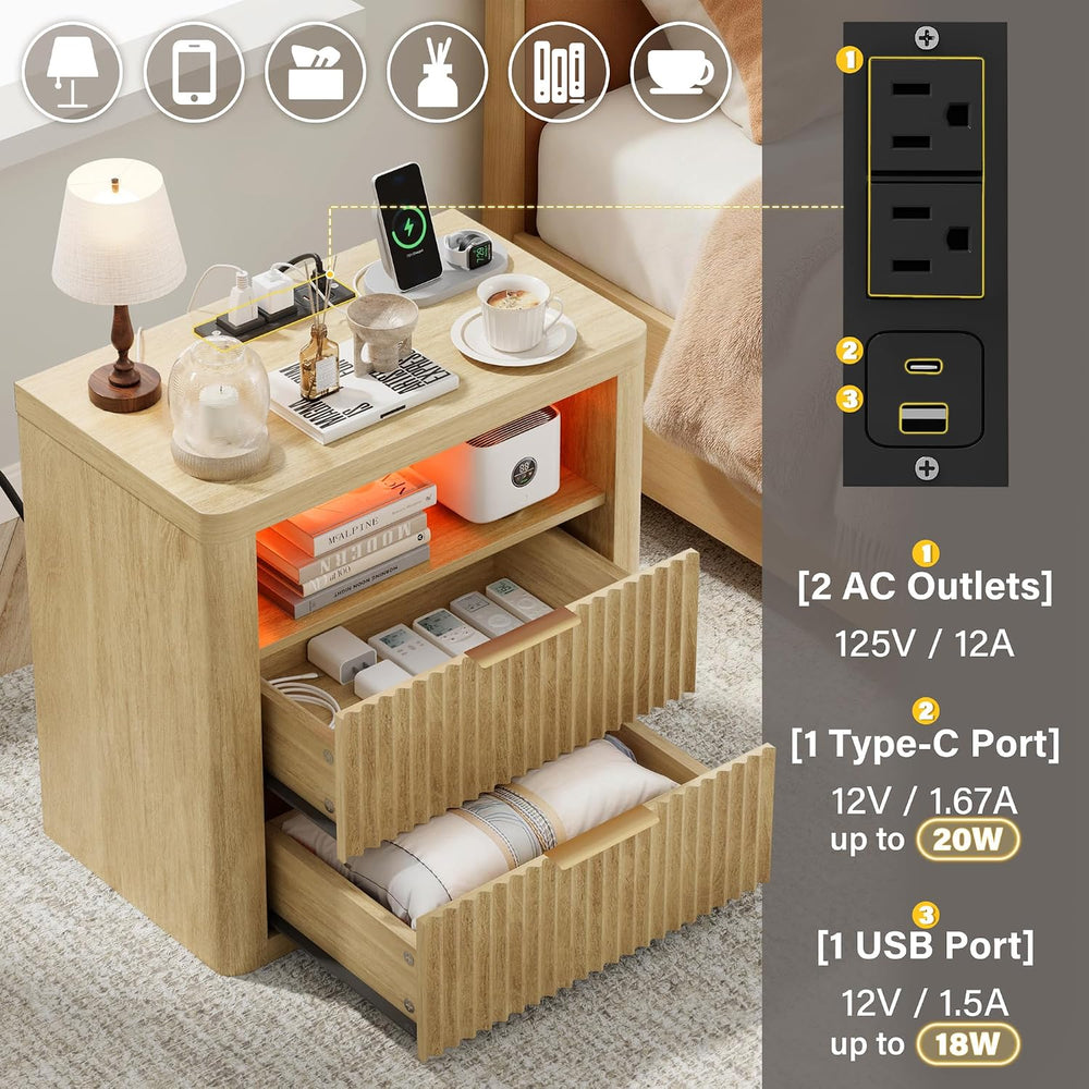 JUMMICO Fluted Nightstand with Charging Station & RGB Lights,Wooden End T...