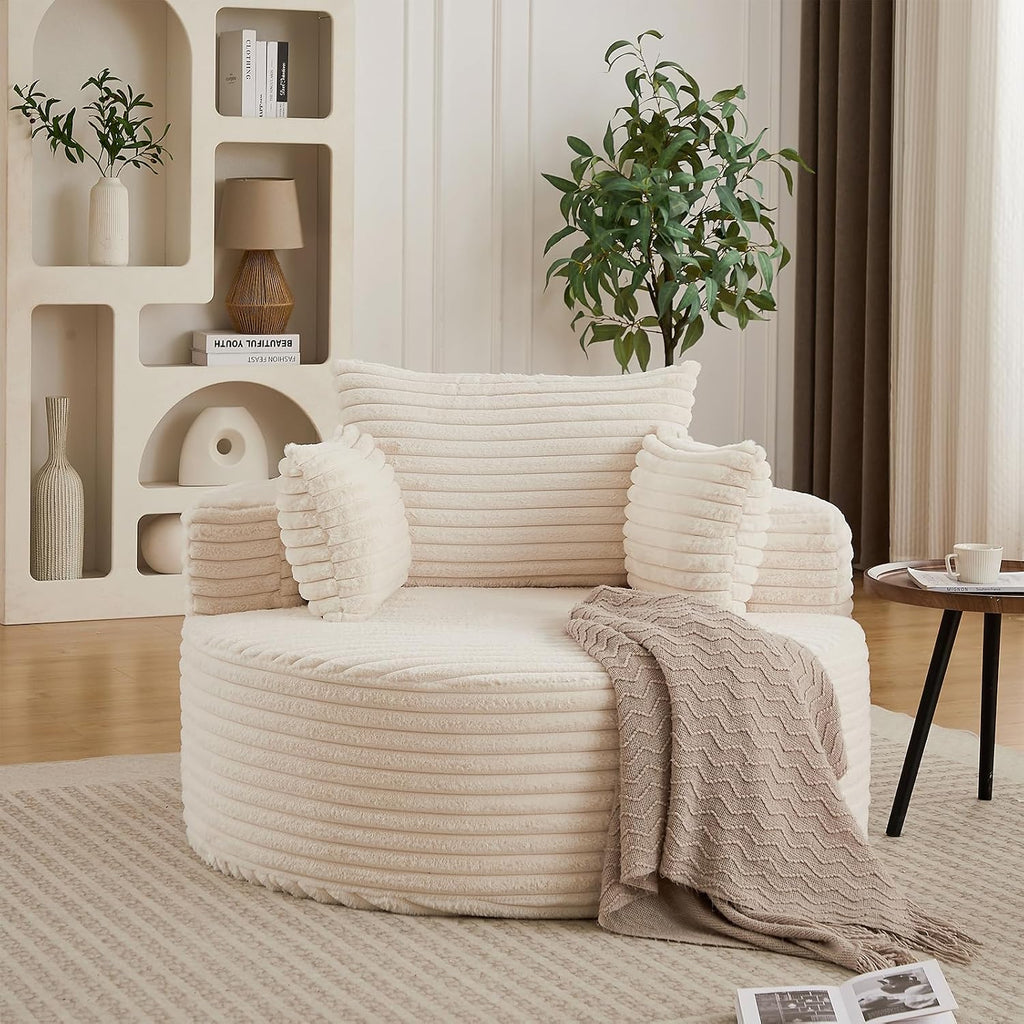 50'' Oversized Round Chaise Longue Chair, Upholstered Corduroy Single Cloud Circle Sofa Chair Comfy Deep Seat Boneless Couch Bed No Assembly Required for Living Room, Bedroom Apartment, Beige