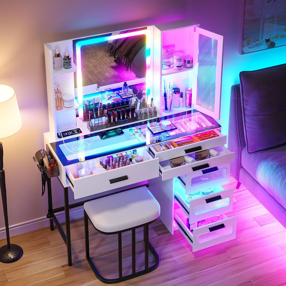 WOOVIVS Vanity Desk with Lights and Mirrror&Charger for Bedroom-White | 6...