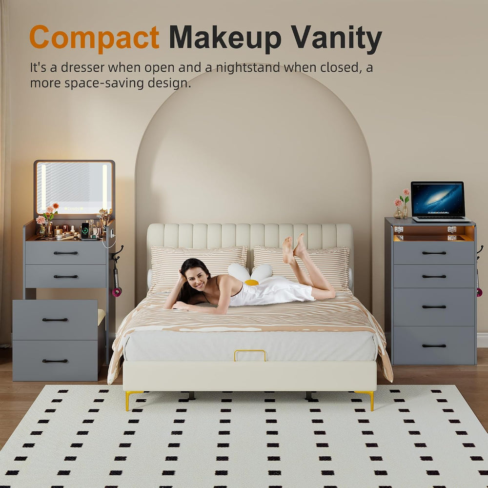 Lvifur 3 in 1 Vanity with Mirror and Sensor Lights,Charging Station,Grey | Gl...