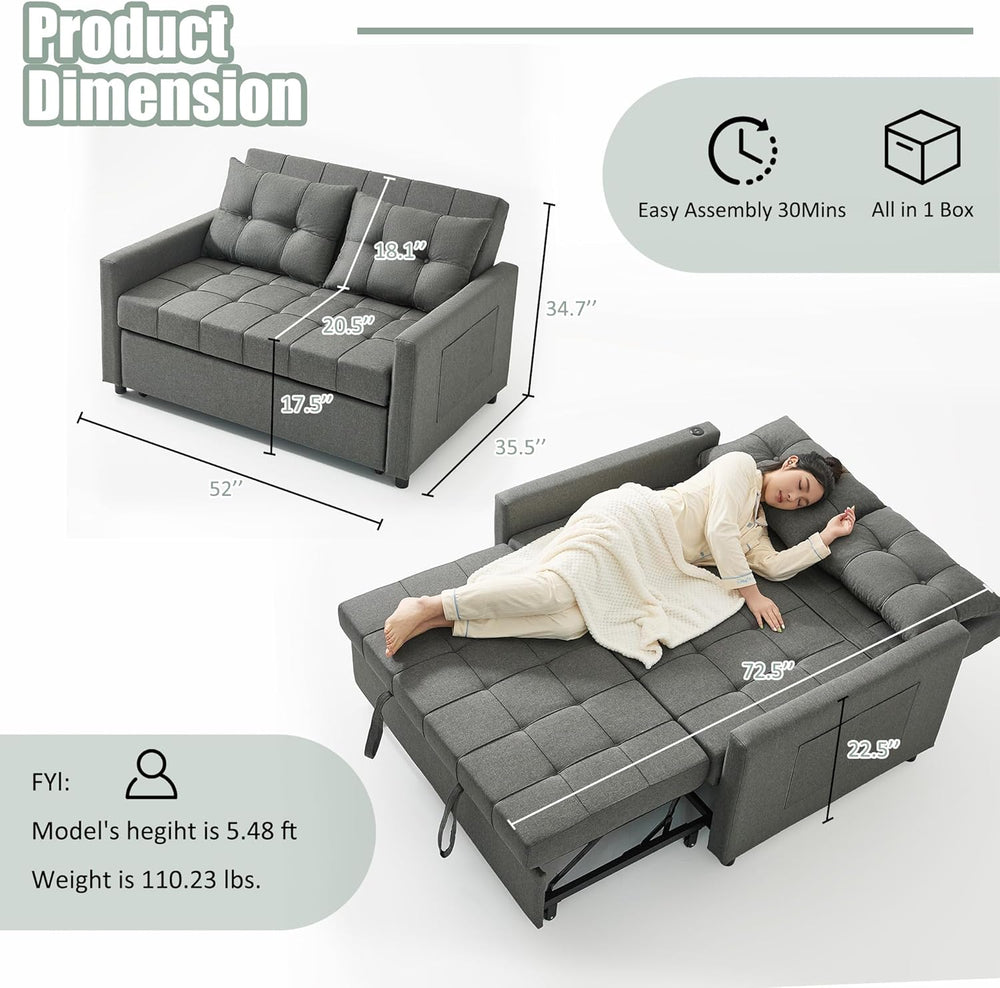 GOSUHI 52" 3-in-1 Convertible Sleeper Sofa Bed, Linen, Dark Gray | Pull-...
