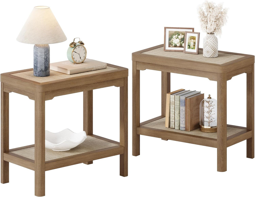 Eclatara Night Stand Set of 2, Farmhouse End Table with 2 Tier Boho Rattan Sh...