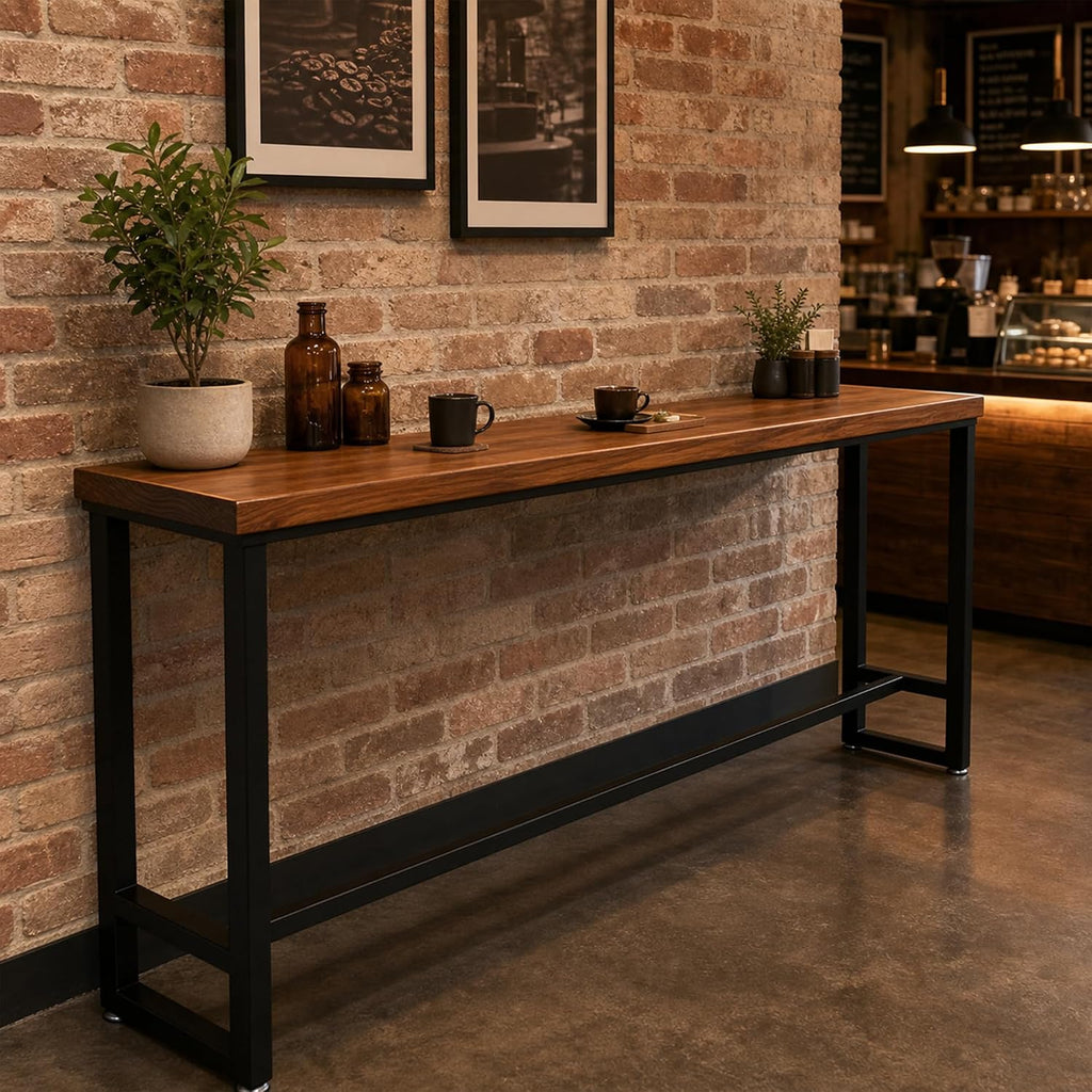 86.6" Solid Wood Bar Height Table - Long Narrow High Top Pub Table with 2" Thick Pine Top & Metal Legs, Farmhouse Counter Height for Kitchen, Breakfast Nook, Coffee Shop, No Stool