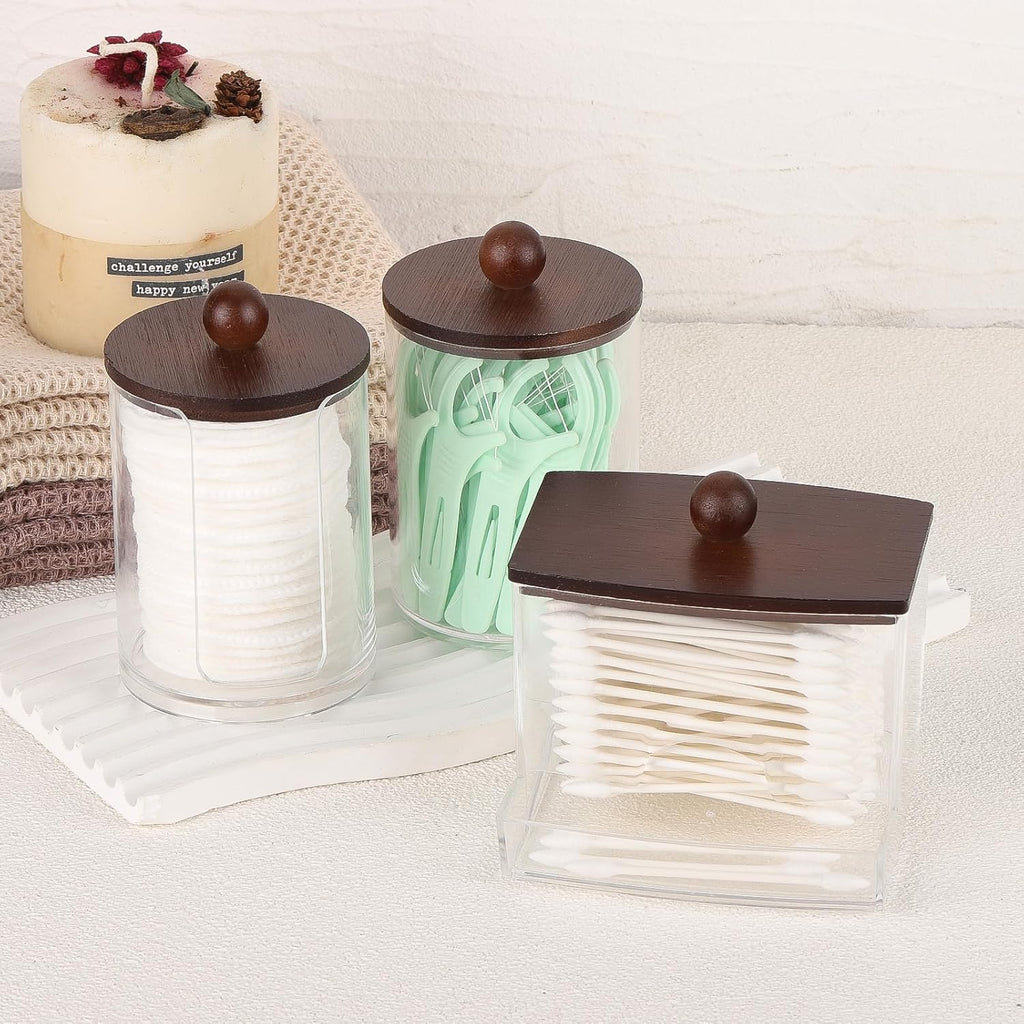 Tbestmax Bathroom Organizer Accessories Set-10 oz,7 oz Qtips Holder Storage with Bamboo Lids, Cotton Ball/Swabs Dispenser, Apothecary Jar 3 Pcs