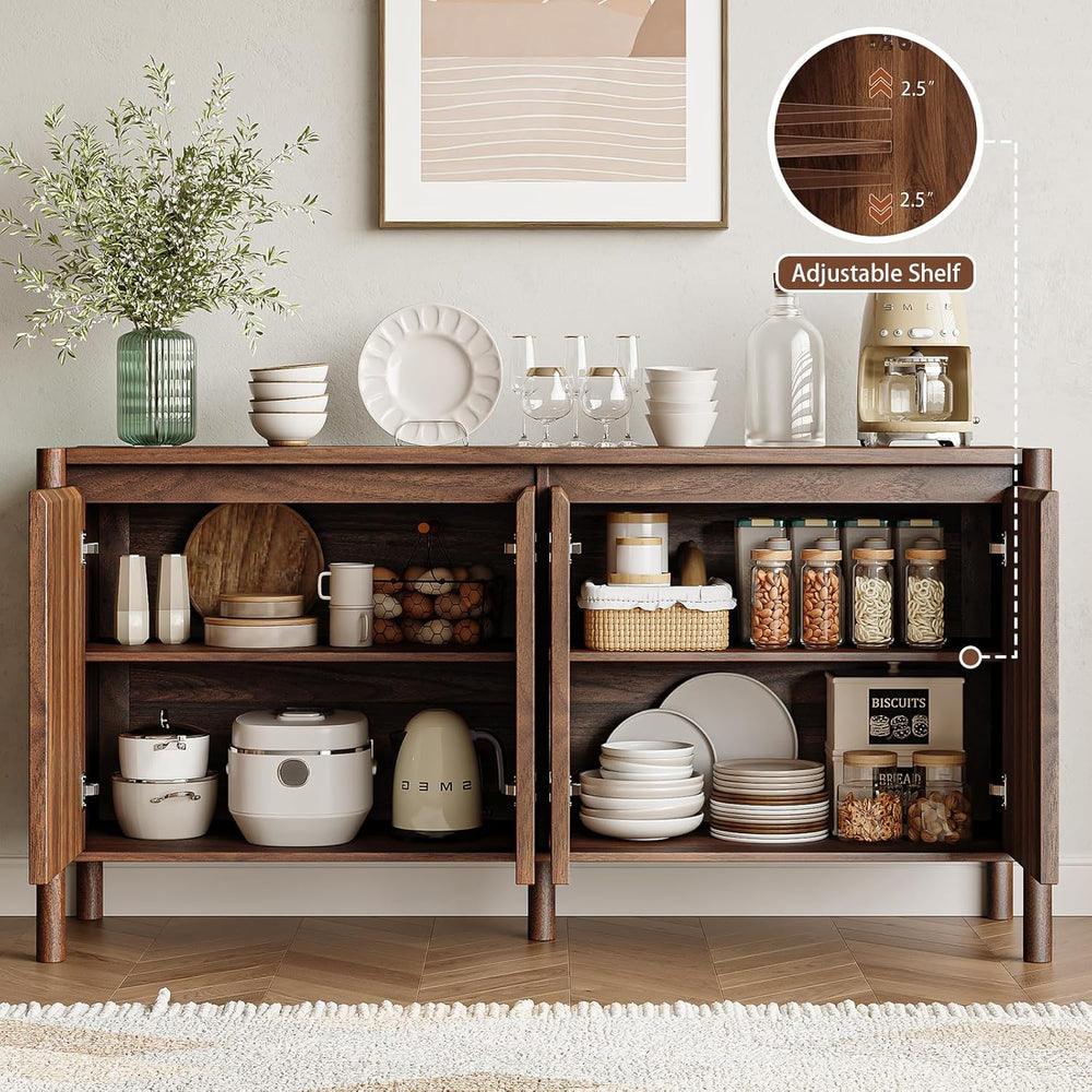 59" Wide Walnut Buffet Cabinet Storage,4 Doors and Adjustable Shelves,So...