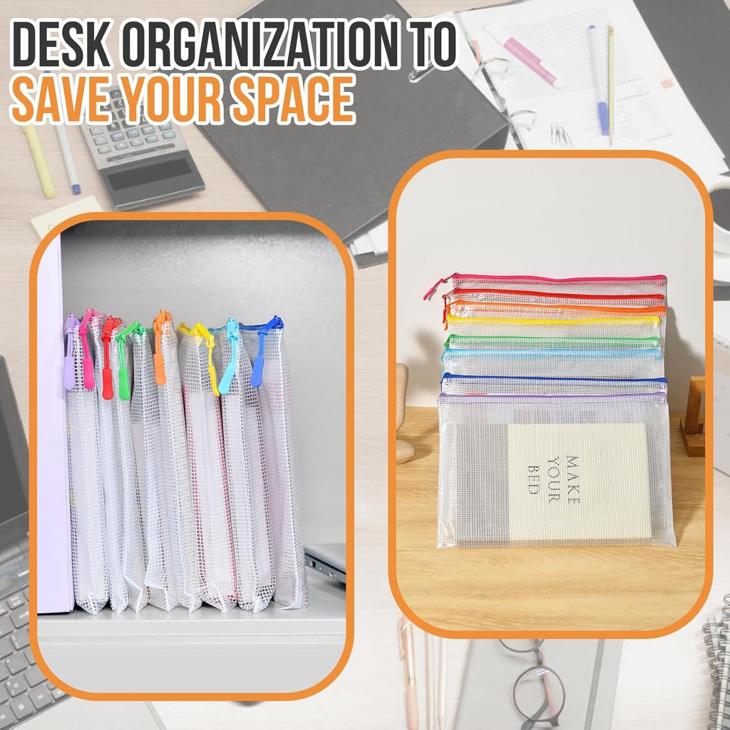24pcs Mesh Zipper Pouch Bags, 12 Colors Extra Large 12PCS A3 and 12pcs A4, Puzzle Bag for Organizing, Classroom Must Have Storage Bag, File Bags for School, Board Games and Office Supplies