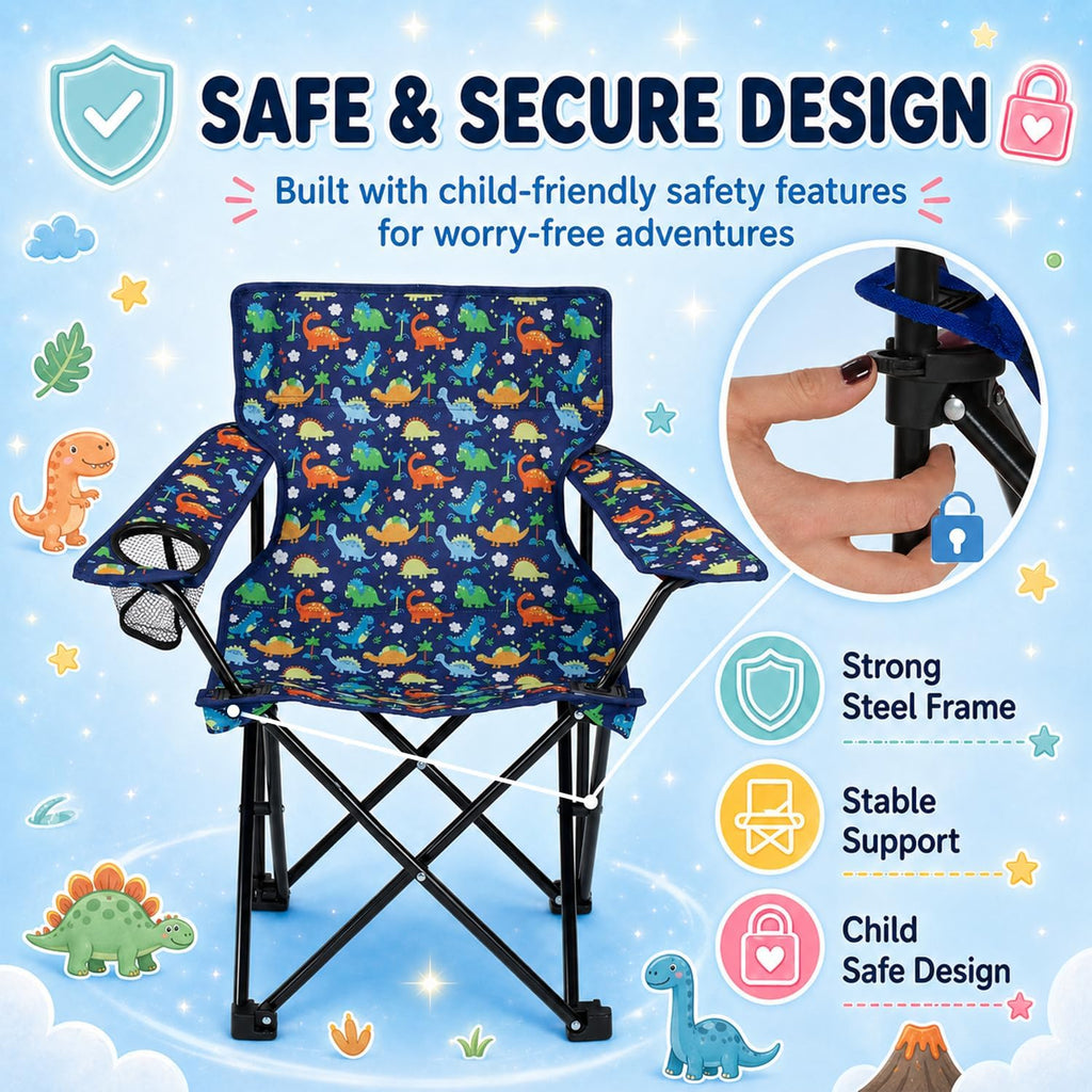 Emily Rose Playful Dinosaurs Kids Folding Camp Chair - Lightweight Portable Toddler Beach Chair Ages 2-7 with Safety Lock Cup Holder Carry Case 125 lb Capacity for Boys Girls Indoor Outdoor Adventures