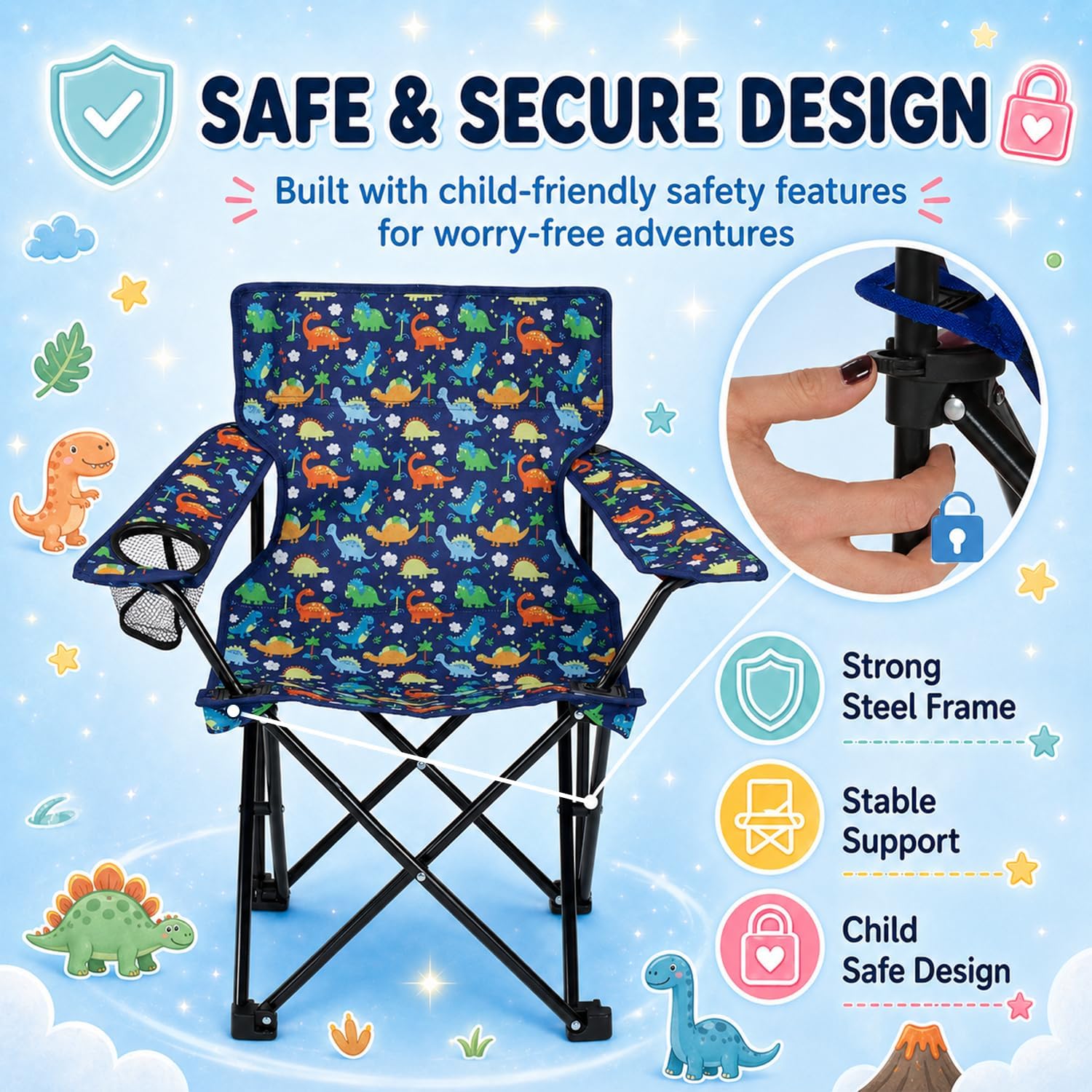 Emily Rose Playful Dinosaurs Kids Folding Camp Chair - Lightweight Portable Toddler Beach Chair Ages 2-7 with Safety Lock Cup Holder Carry Case 125 lb Capacity for Boys Girls Indoor Outdoor Adventures