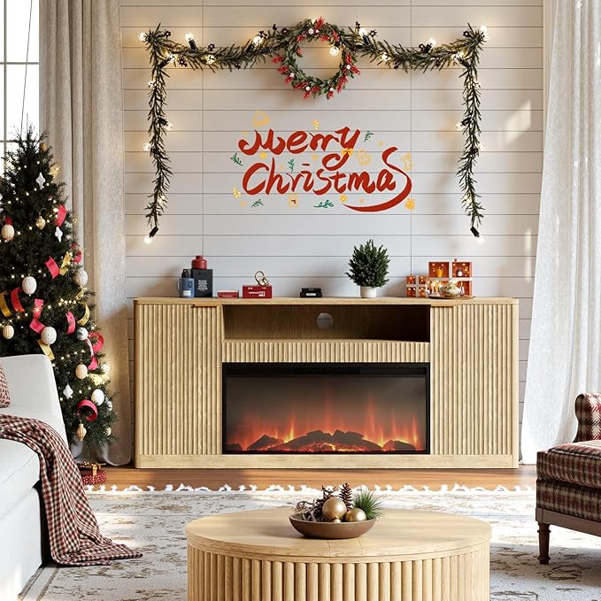 Evermagin 67" Oak Fluted Fireplace TV Stand for TVs up tp 75", Mid-Century Modern Entertainment Center with Storage Cabinets and Doors, Wood Media TV Consoles for Living Room and Bedroom