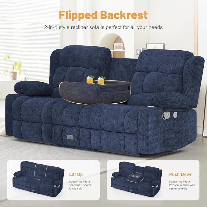 Loveseat Recliner Sofa Set, Flip Middle Backrest Design 3 Seater Reclining Sofa and 2PC Single Oversized Recliner Chair, Manual Couches for Living Room/RV (Blue, 3+1+1)