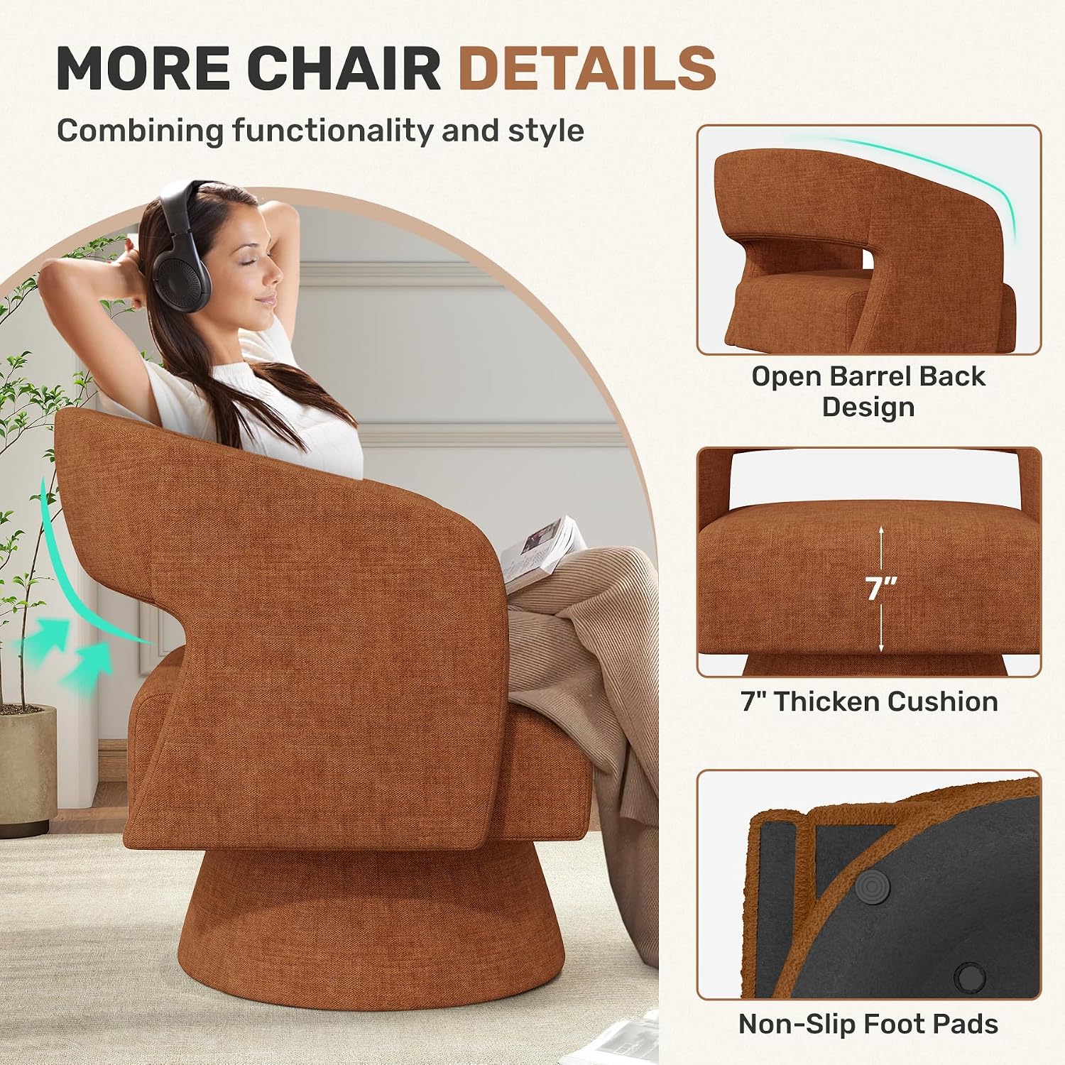 Nebuaegis Swivel Accent Chair Set of 2, Modern Comfy Chenille Barrel Chairs, Oversized Upholstered Round Arm Chair for Living Room, Bedroom, Reading Room, Caramel