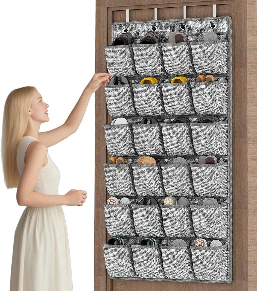 Over the Door Shoe Organizer,Hanging Shoe Rack Storage Holder with 24 Extra Large Fabric Pockets for Closet,Men Sneakers,Women High Heeled Shoes,Slippers,Grey 61.4''x22''