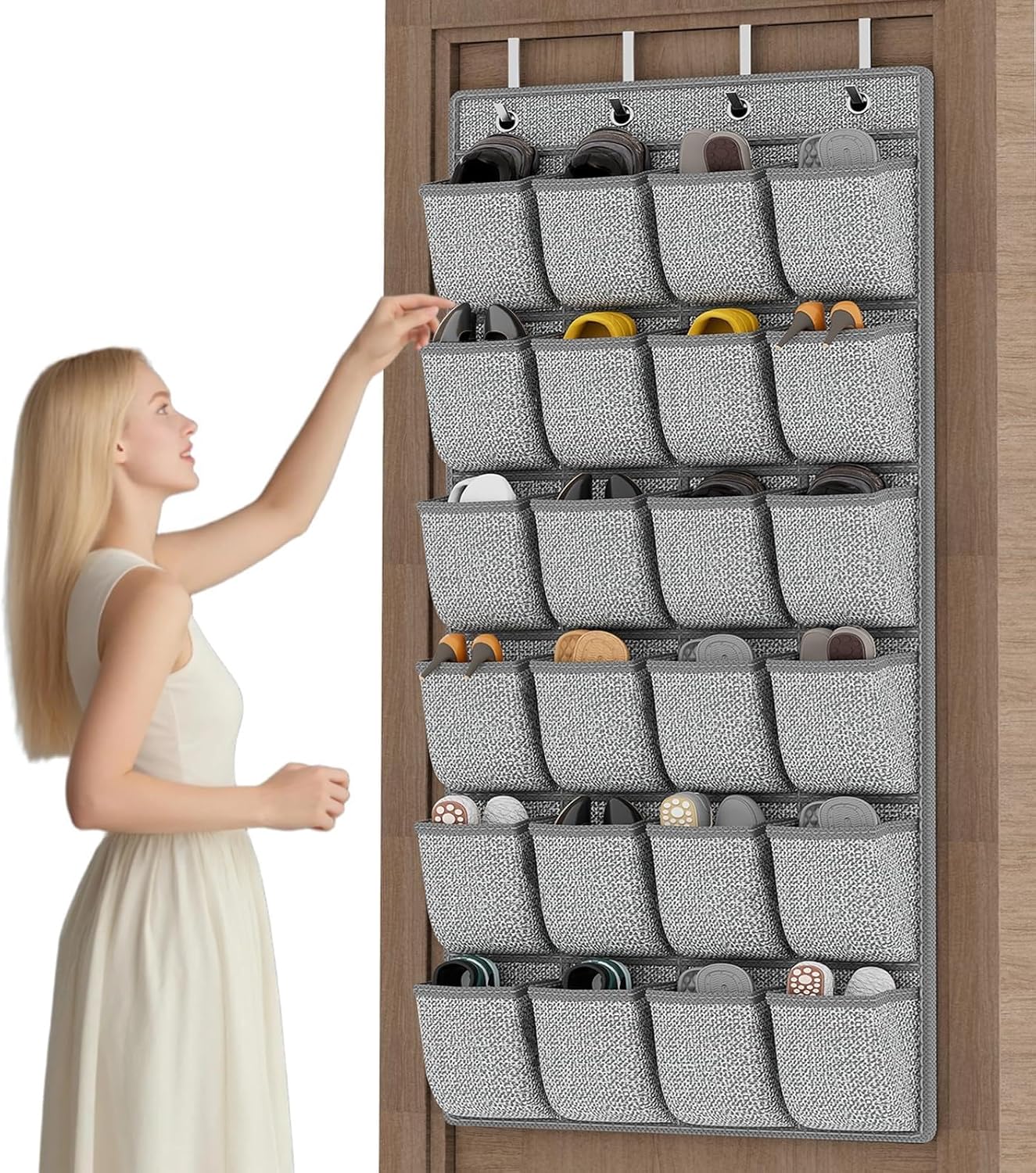 Over the Door Shoe Organizer,Hanging Shoe Rack Storage Holder with 24 Extra Large Fabric Pockets for Closet,Men Sneakers,Women High Heeled Shoes,Slippers,Grey 61.4''x22''