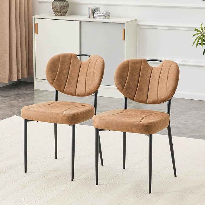 Modern Dining Chairs Set of 2, Brown Dining Chairs for Dining Room and Kitchen,Brown Suede Fabric,Dinning Chair, Precision Stitching, Top Handle, 3.54" Thick Cushion Seat, Metal Legs