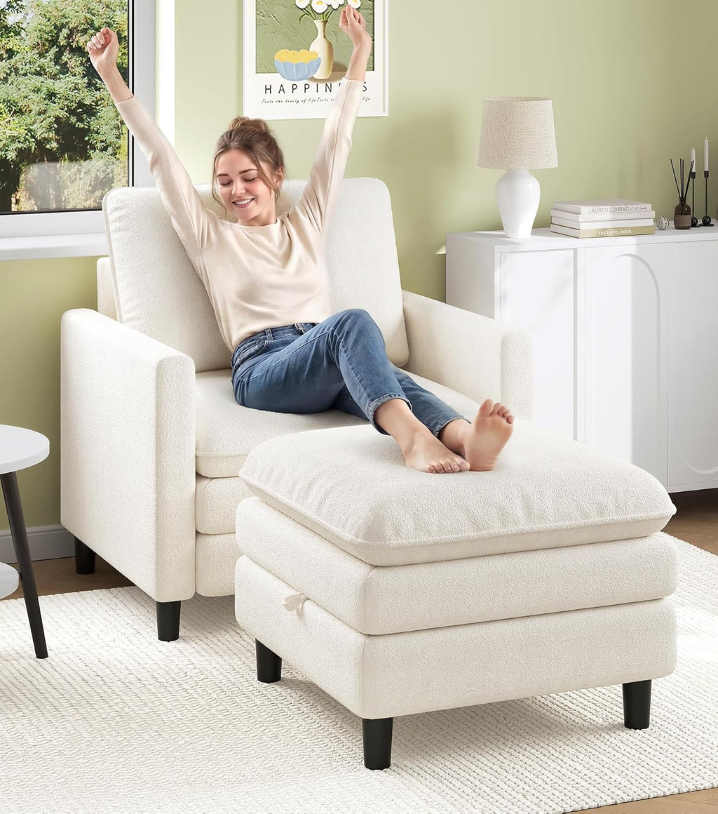 Welzona 3-Layers Cloud Accent Chair with Ottoman, 33" Teddy Reading Chair | Comfy Teddy Fabric, Washable Covers, Tool-Free Setup, All-wood Arm Chair and Ottoman Sets for Living Room, Bedroom, Beige