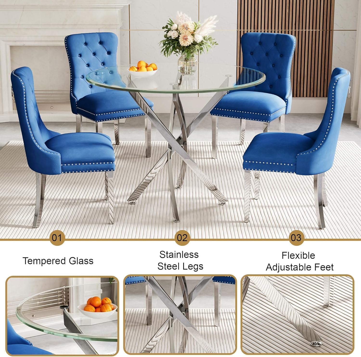 AF ARTISAN FURNITURE 36" Round Glass Dining Table Set for 2, 3-Piece Modern Kitchen Table with 2 Blue Velvet Chairs, Dining Room Table Set for Apartments Small Spaces (Silver Leg)