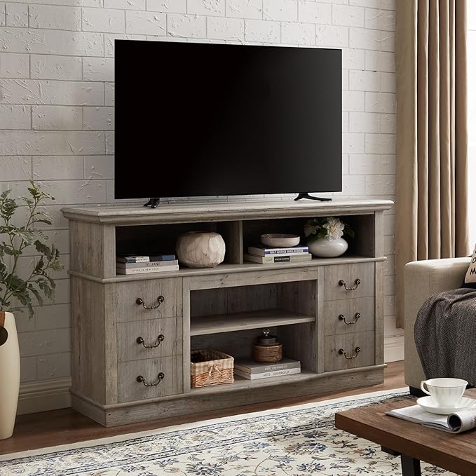 TV Stand for 65" TV: Rustic Drawer-Like TV Cabinet | Tall Farmhouse Media Entertainment Center with Storage Console and Adjustable Shelves for Living Room - Light Gray