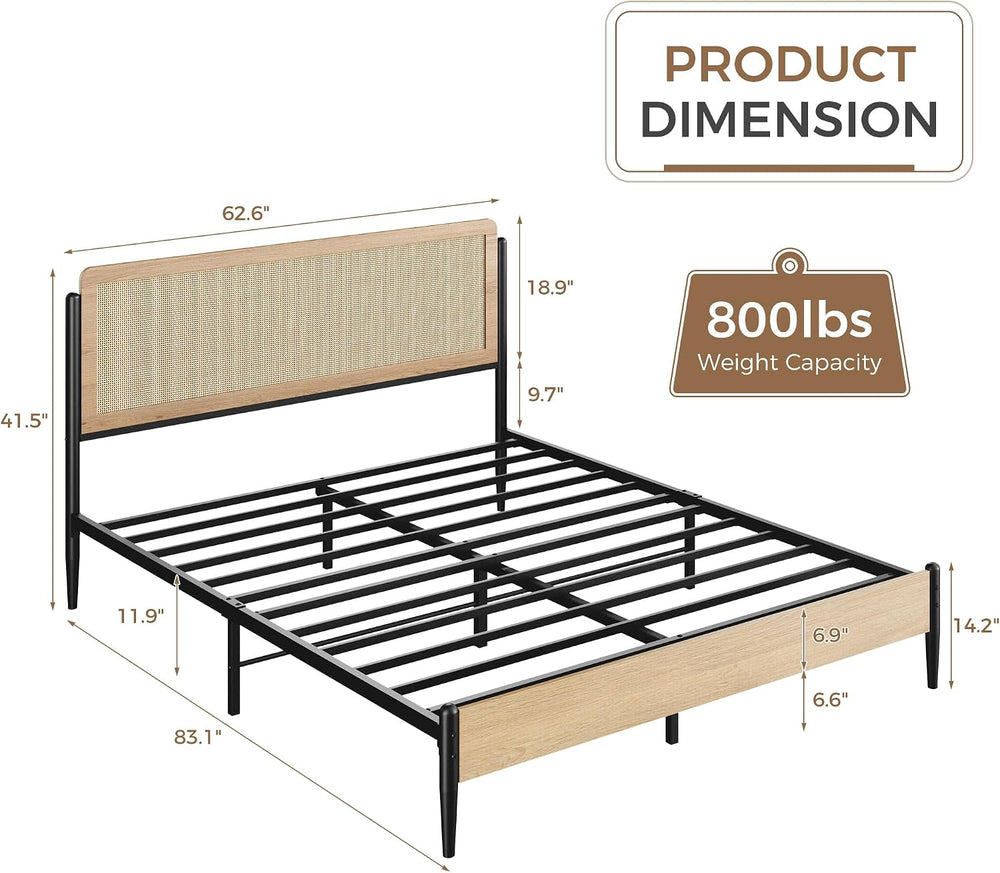LIKIMIO Natural Rattan Queen Bed Frame with Wooden Headboard