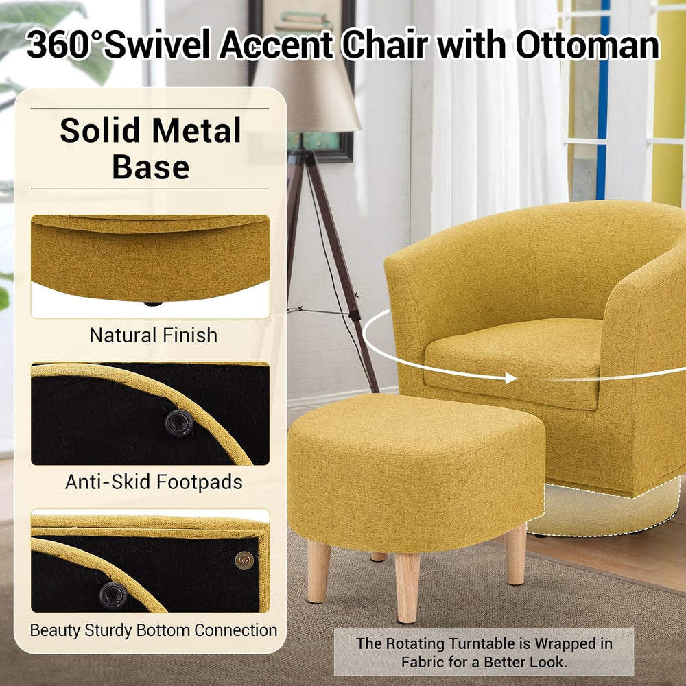 DAZONE Swivel Accent Chair Set of 2 with Ottoman Barrel Armchairs Yellow