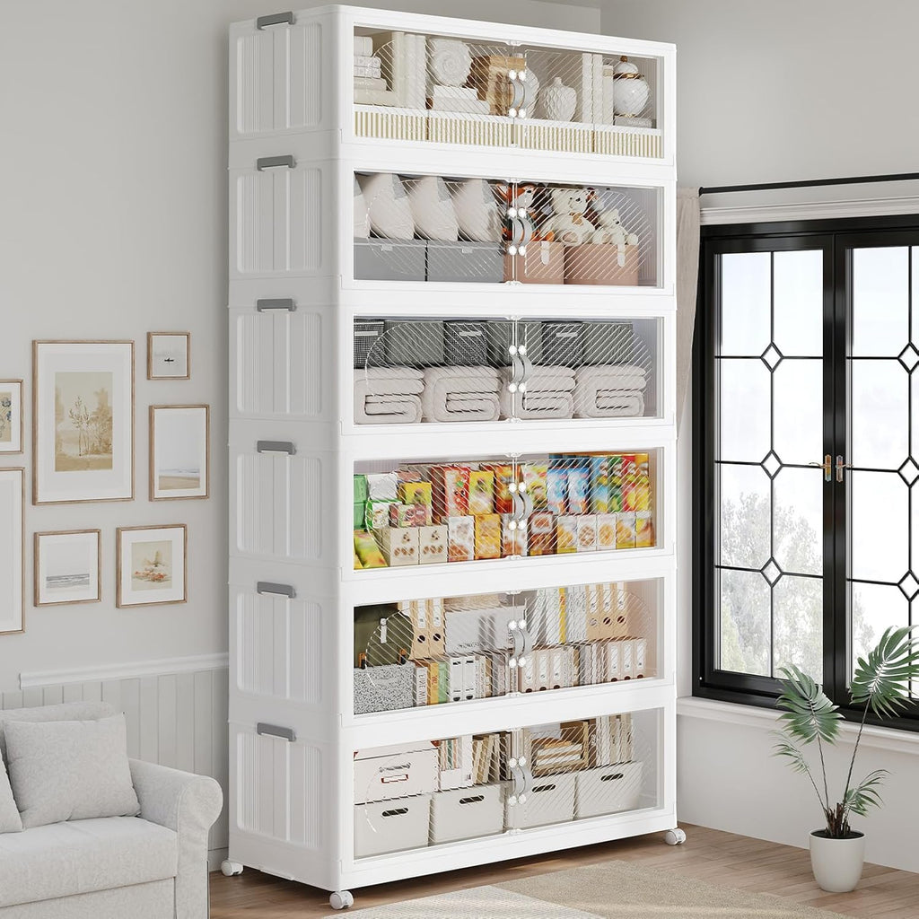 720QT Extra Large Stackable Storage Bins with Lid & Wheels & Doors, 180Gal Foldable Collapsible Closet Organizers, Plastic Cabinet Box Container Drawer for Home Kitchen Bedroom, 6Pack White